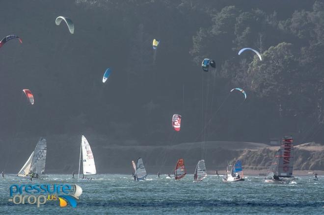Race from Golden Gate Bridge downhill to the SF/ Oakland Bay Bridge - 2015 Ronstan Bridge © pressure-drop.us